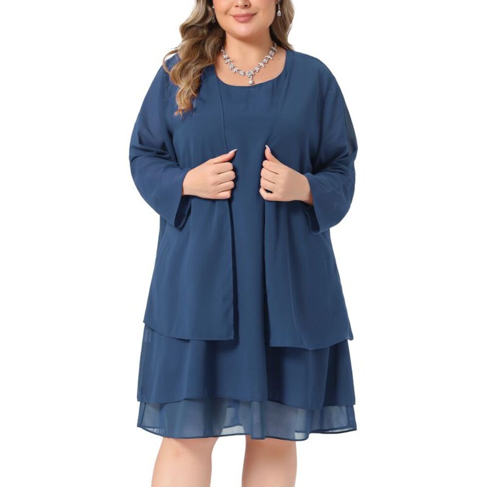 Women Plus Size Chiffon Elegant Two Piece Dress Set Navy Blue